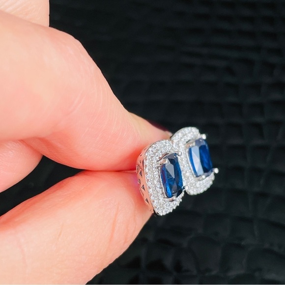 Lab Blue Sapphire Halo Sterling Silver Cocktail Ring & Earrings ASK FOR … - Picture 4 of 15